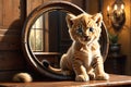 Curious Whiskers: Realistic Painting of Kitten on Wooden Table Surface, Peering Curiously into a Round Antique Framed Mirror