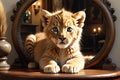 Curious Whiskers: Realistic Painting of Kitten on Wooden Table Surface, Peering Curiously into a Round Antique Framed Mirror