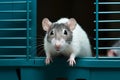 Curious white and gray rat peeks out of its cage playfully