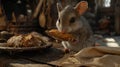 Curious wild mouse nibbling on a slice of rustic bread. Animal in human habitat scene Royalty Free Stock Photo