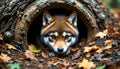 Curious Wolf Pup Peeking From A Hollow Log Royalty Free Stock Photo