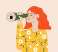 Curious woman looks through spyglass, monocular. Business metaphor concept vector for UI