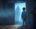 Curious Young Boy Observing Blue Levitating Ghost at Haunted House Entrance. Halloween Themed Illustration for Posters and