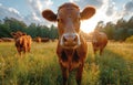 Curious young brown cow looking to camera and grazing in green meadow on summer day at sunset Royalty Free Stock Photo