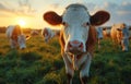 Curious young calf looking at the camera in green pasture on farm during sunset Royalty Free Stock Photo