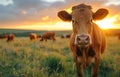 Curious young calf looking at the camera in pasture during sunset. An image of cattle grazing in the pasture Royalty Free Stock Photo