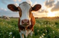 Curious young calf looking to camera in green pasture during sunset Royalty Free Stock Photo