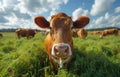 Curious young jersey cow looking at the camera while grazing in fresh green pasture on sunny day Royalty Free Stock Photo