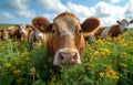 Curious young jersey cow looking at the camera while standing in field of yellow flowers Royalty Free Stock Photo