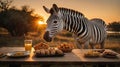 Zebra Eats Dinner at Sunset in The Savannah Enjoying Fresh Food on Table Royalty Free Stock Photo