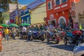 CURITIBA ,BRAZIL - MAY 12, 2016: unidentified people lokking to some motorcycles parked in the street close to the