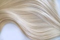 Curl female healthy hair. Concept hairdresser spa salon. strand of blond silky hair on a white background.