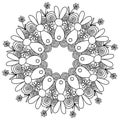 Curled mandala with spirals and silhouettes of bunnies Easter coloring page in the form of a round frame with patterns