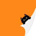 Curled paper corner. Black cat face holding fold page corners. Paw print. Happy Halloween. Cute cartoon kawaii funny baby animal