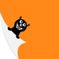 Curled paper corner. Black monster face holding fold page corners. Paw print. Happy Halloween. Cute cartoon kawaii funny baby