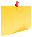 Curled paper note fixed with push pin. Yellow sticker mockup Royalty Free Stock Photo