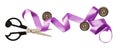 Curled purple silk ribbon, buttons and scissors Royalty Free Stock Photo