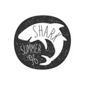 Curled Shark In Round Frame Summer Surf Club Black And White Stamp With Dangerous Animal Silhouette Template