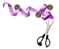 Curled violet silk ribbon, buttons and scissors Royalty Free Stock Photo