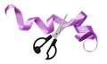 Curled violet silk ribbon and scissors