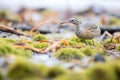 curlew searching amongst seaweed