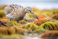 curlew searching amongst seaweed