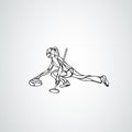 Curling athlete isolated vector outline silhouette.