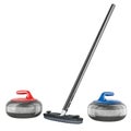 Curling broom with curling stones, 3D rendering