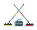 Curling brooms and stone set. Winter ice Sport equipment