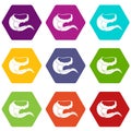 Curling and cracking wave icon set color hexahedron