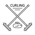 Curling poster. Two crossed brooms, stone and text. Linear icons of winter sport game. Black simple illustration. Contour isolated