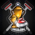 Curling red stone with two cups and crossed brushes. Sport logo for any team