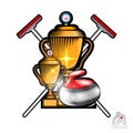 Curling red stone with two cups and crossed brushes on white. Sport logo for any team