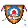 Curling red and yellow stones on target with crossed brush for curling in center of shield. Sport logo for any team or championshi