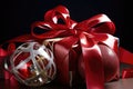 curling ribbon, glittering ornaments and a red bow make for an eye-catching holiday package