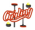 Curling sport red lettering text with broom and stone on white background. Royalty Free Stock Photo