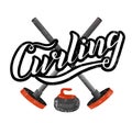 Curling sport lettering text with broom and stone on white background. Vector illustration Royalty Free Stock Photo