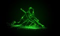 Curling winter sport. Girl holds curling stone. Side view vector green neon Curler athlete illustration.
