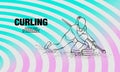 Curling winter sport. Girl holds curling stone. Vector outline of Curler athlete illustration.