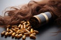 Curls elixir Vitamin E oil capsules nestled within rich brown hair curls