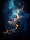 Curls of glowing fire and light blue smoke on black background. Abstract texture of orange flames and blue smoke. Generative AI Royalty Free Stock Photo