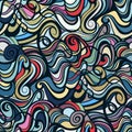 Chaotic swirly seamless pattern in red, blue, and pink.