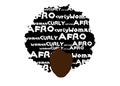 Curly afro hair, portrait African Woman , dark skin female face with ethnic traditional curly hair afro, cartoon style and text