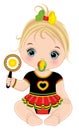 Cute Little Reggae Baby Girl with Pacifier Holding Rattle. Vector Reggae Baby Girl