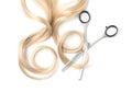 Curly blond hair and thinning scissors on white, top view. Hairdresser service