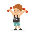 Curly boy exercising with dumbbells, kid doing sports colorful character vector Illustration