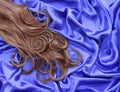 Curly brown hair on blue silk textile