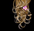 Curly brown hair over black with pink iris flower Royalty Free Stock Photo