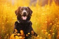 Curly coated retriever dog sitting in meadow field surrounded by vibrant wildflowers and grass on sunny day ai generated Royalty Free Stock Photo