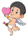 The curly cupid is raising a big heart love in the romantic day Royalty Free Stock Photo